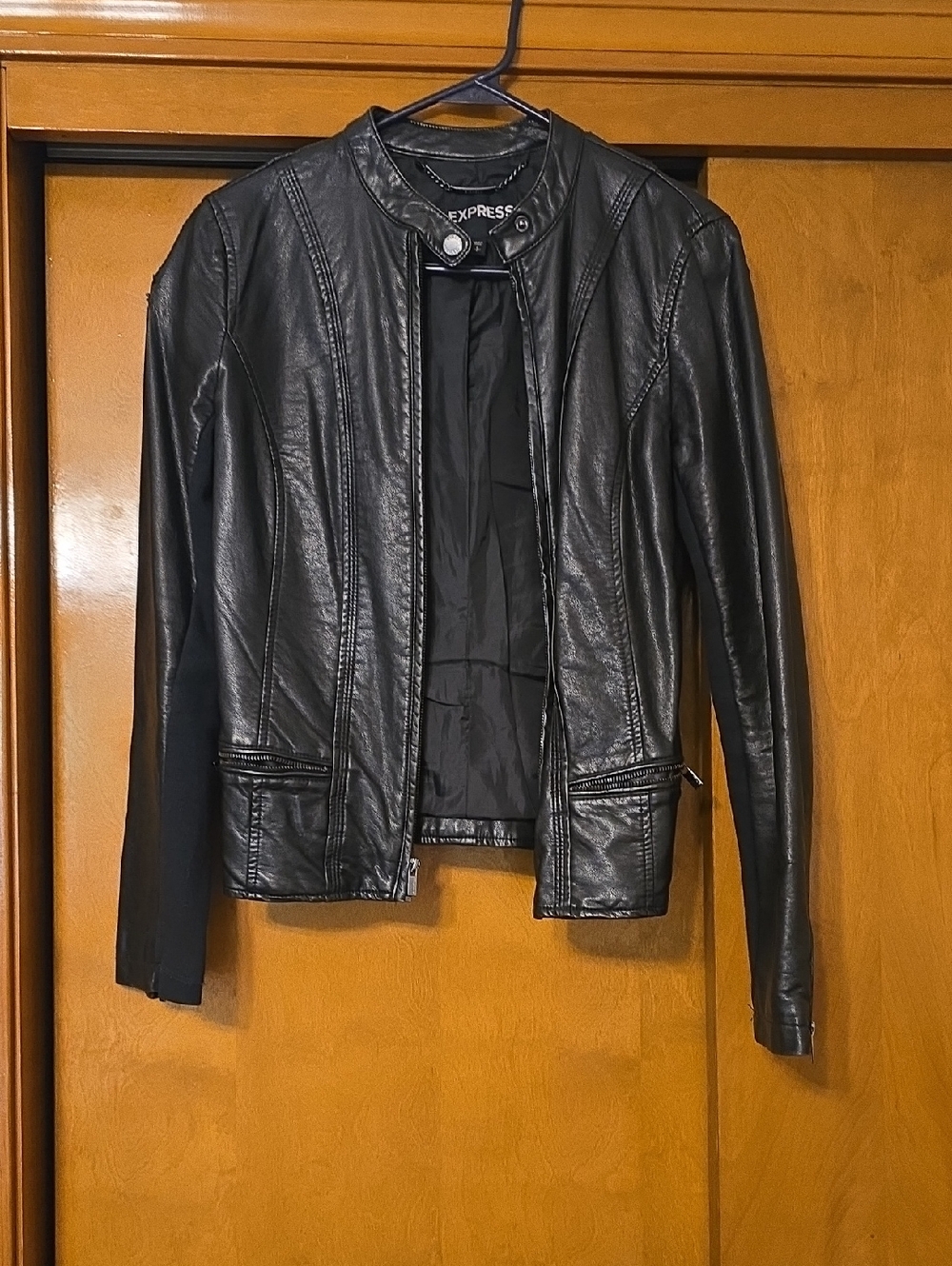 Express Black Faux Leather Collarless Moto Jacket
